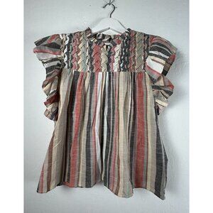 Jennifer & Grace Women's Flared Sleeves Weave Blouse Top Striped Cotton Size XL